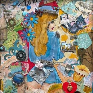 Colorful Collage Art with Blue and Red Accents